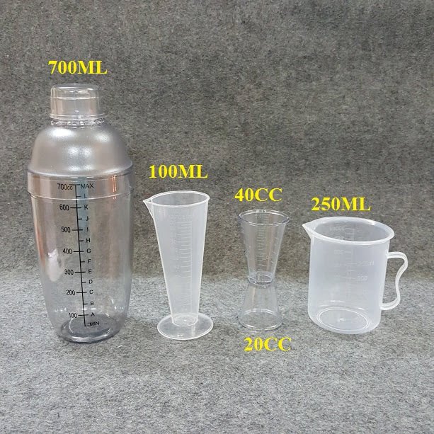 Bộ 4 dụng cụ đong pha chế (Shaker 700ml in, Ly 100ml, Ly 250ml, Ly 2 đầu)