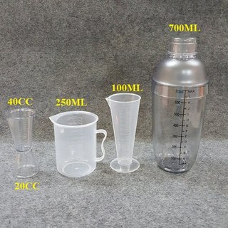 Bộ 4 dụng cụ đong pha chế (Shaker 700ml in, Ly 100ml, Ly 250ml, Ly 2 đầu)