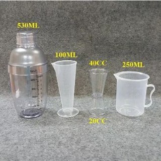 Bộ 4 dụng cụ pha chế (Shaker 530ML in, ly 100ml, CA 250ml, Ly 2 đầu)