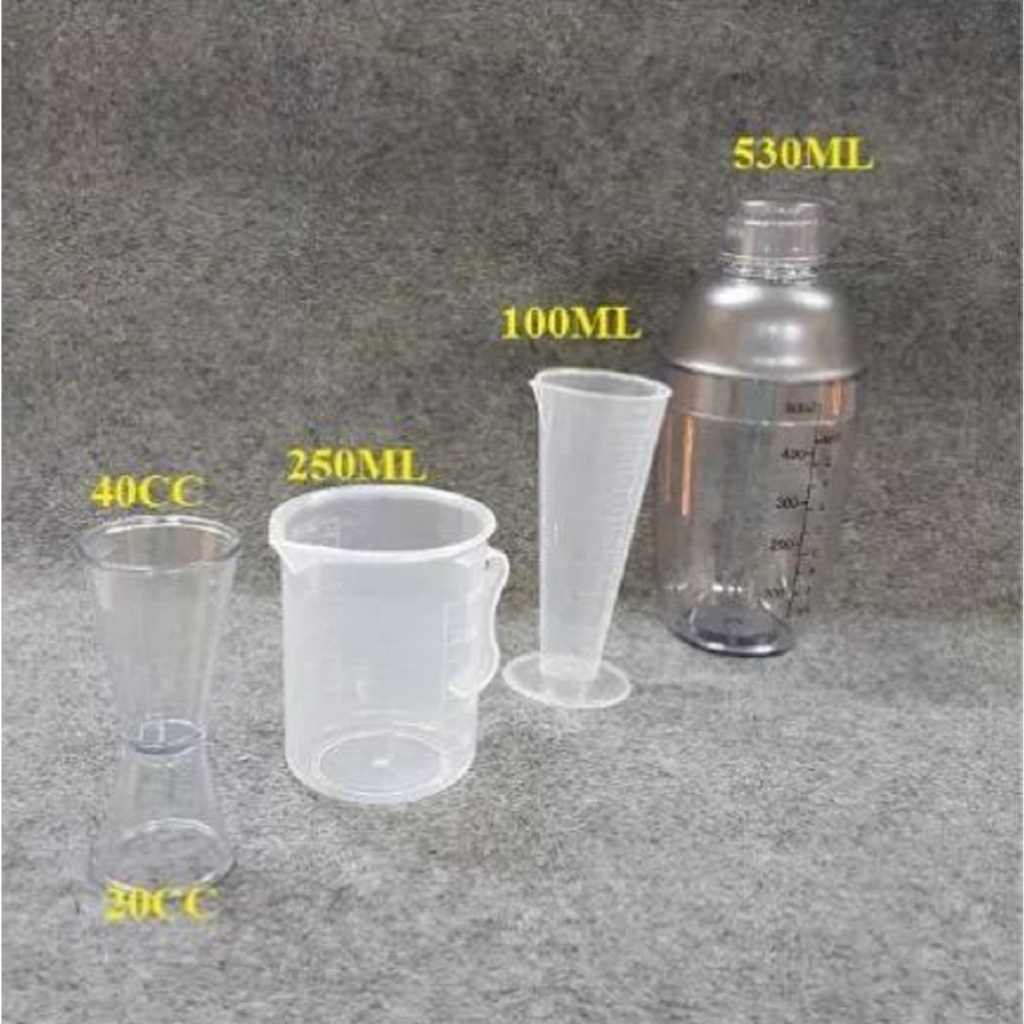 Bộ 4 dụng cụ pha chế (Shaker 530ML in, ly 100ml, CA 250ml, Ly 2 đầu)