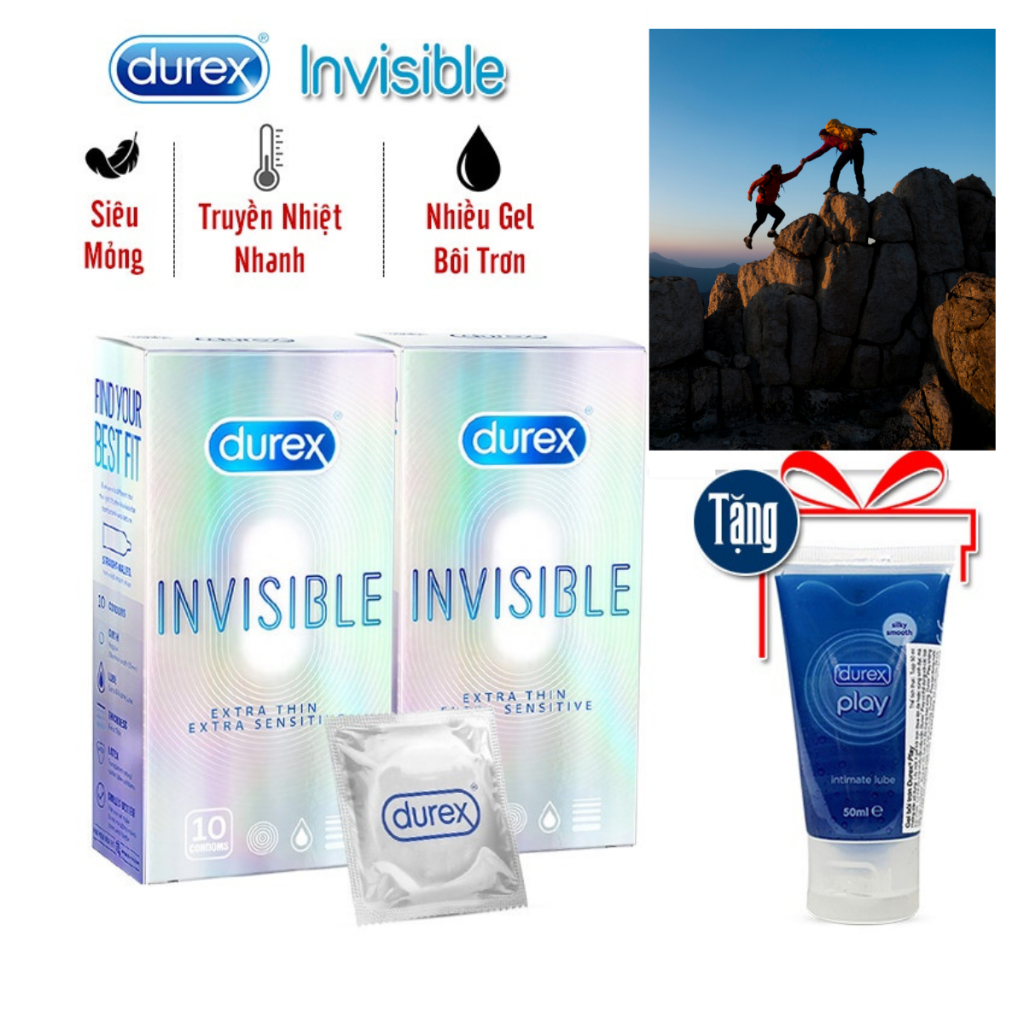 [COMBO 2 hộp] Bao cao su SIÊU MỎNG ÔM SÁT Durex InViSiBLE TẶNG 1 Gel Play 50 ml, Bcs Siêu Mỏng Đem Lại Cảm Giác Thật 99%