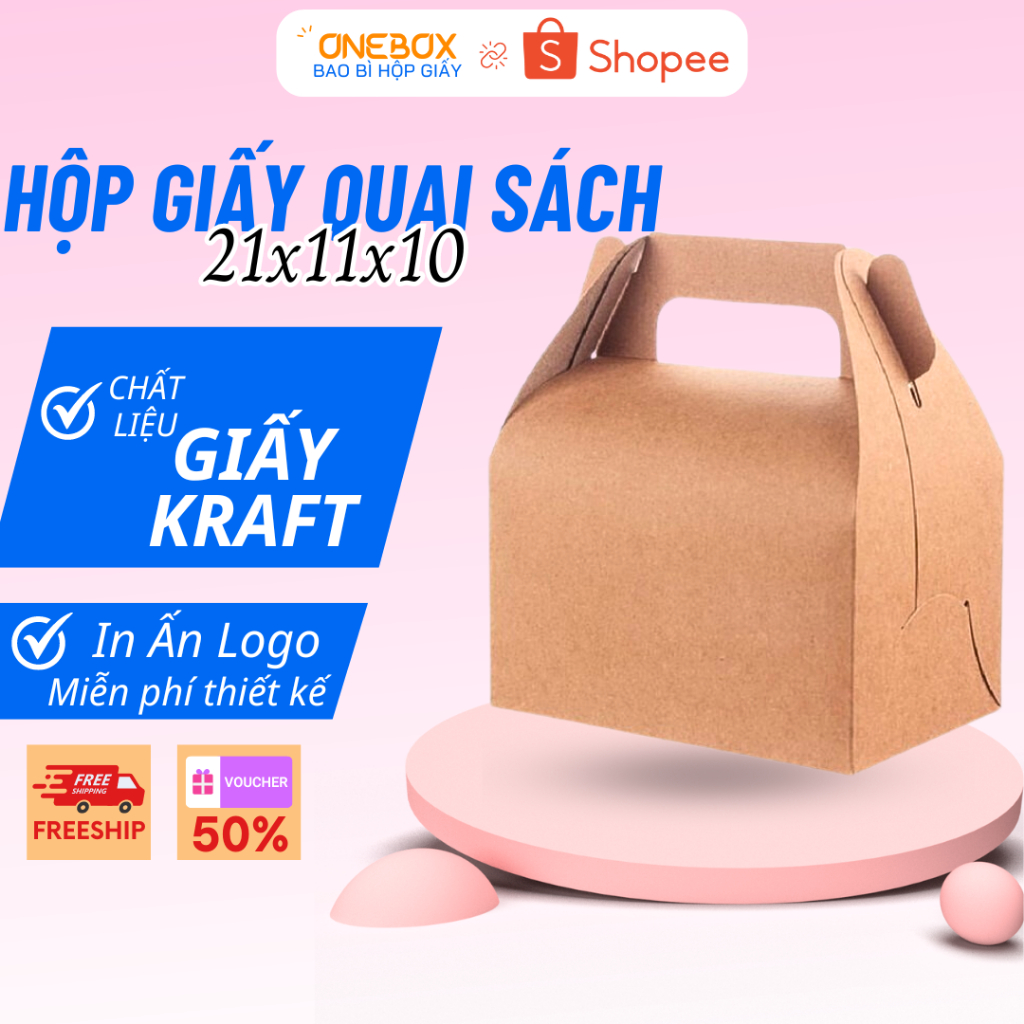 Combo 100 Hộp Giấy KRAFT Dáng Gài Có Quai Xách Size 21x11x10, Đựng Bánh, Kẹo Đồ Ăn Cho Nhà Hàng Khách Sạn Cao Cấp
