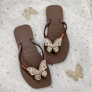 Dép Kẹp Nữ Havaianas Đế Vuông Kim Tuyến Nâu Cafe Mix Charm