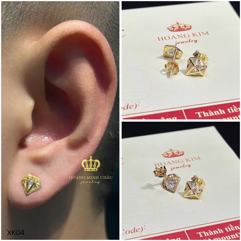 Bông tai nam nữ bạc xi vàng 18K Hoàng Minh Châu Jewelry XK04 - khuyên tai bạc XI VÀNG 18K