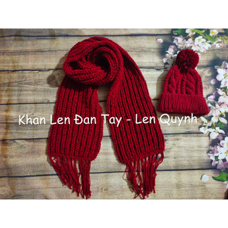 Khăn mũ len đan tay - Khăn len handmade - màu đỏ đô