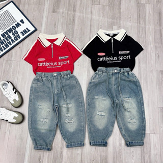 Bộ áo cổ bẻ khoá kéo kèm quần jane baggy Ong Kis cho bé gái 10-30kg