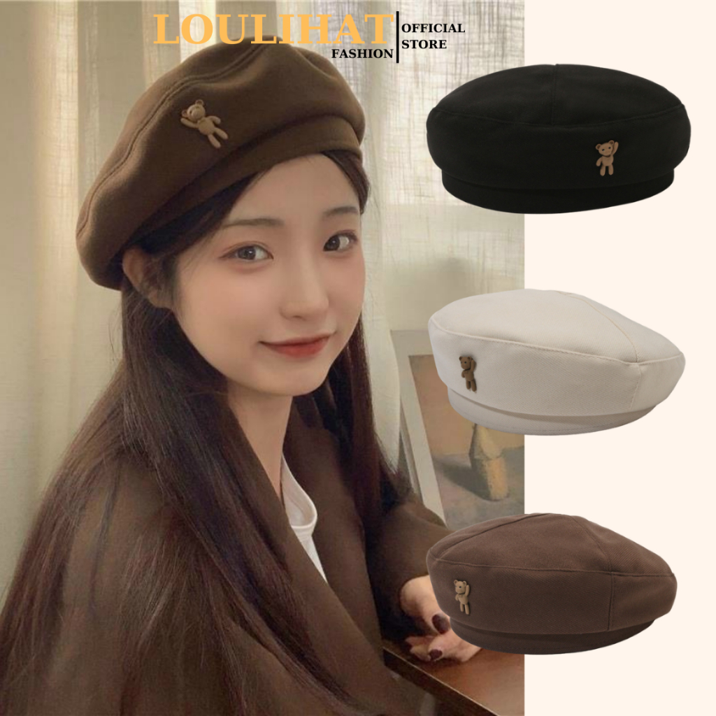 Nón nồi nỉ khuy Gấu LOULIHAT, mũ beret họa sĩ dễ thương thời trang Hàn Quốc vintage NNL02