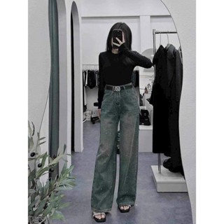 Quần jean nữ ống suông cạp cao đính full đá chất dày mịn washi xanh khói retro QC2688 Hottrend