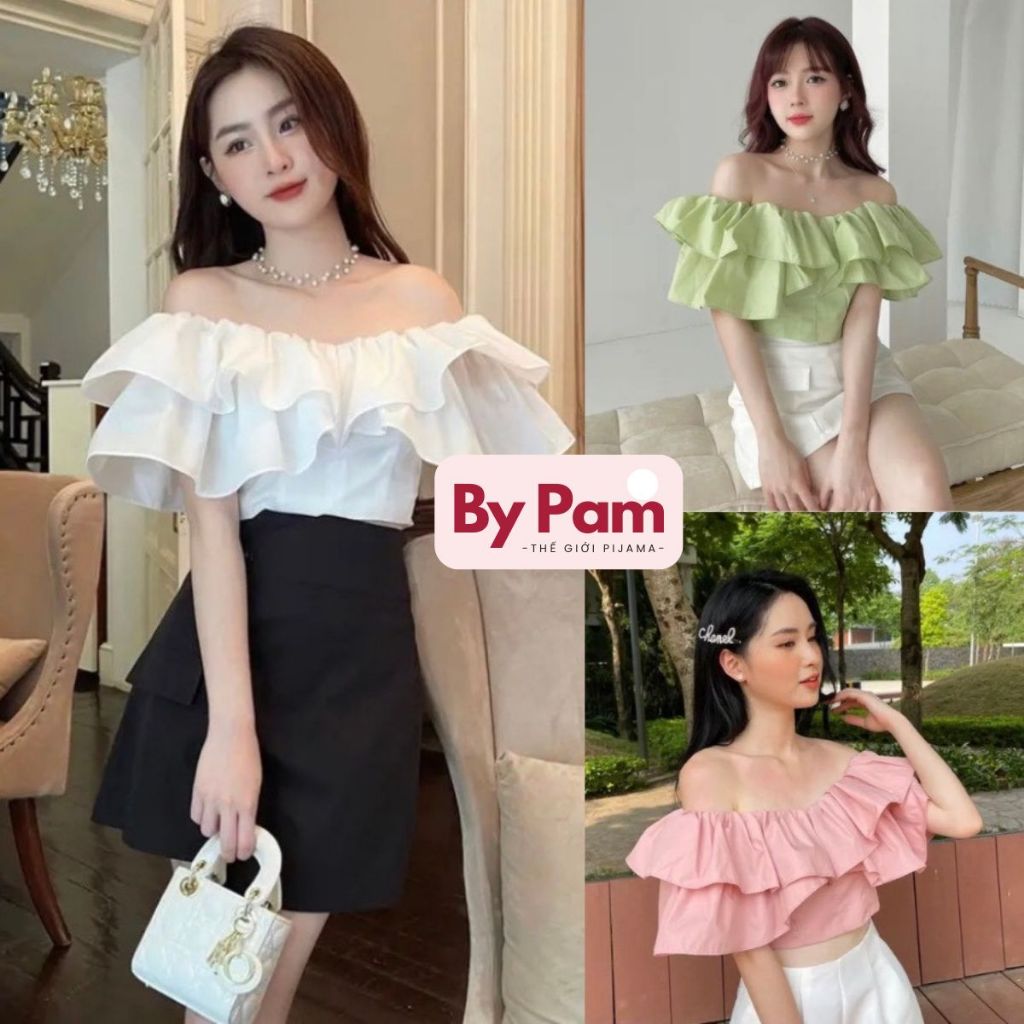 Áo trễ vai FREESIZE BY PAM nhún bèo 2 tầng, lệch vai sang trọng, ôm eo tôn dáng 204C