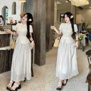  sét chân váy voan chiffon có lót trong và áo thun gân sóng cổ tàu xinh T105 