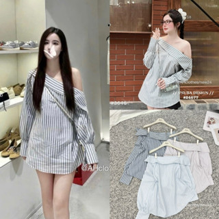 Áo sơ mi kẻ sọc lệch vai form rộng, áo trễ vai tiểu thư, Lipeo.store