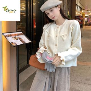 Áo Cadigan Lông Thỏ, Áo Khoác Len Dệt Kim Tay Bèo Cài Cúc Ngọc Phối Nơ Xinh Phong Cách Hàn Quốc Giữ Ấm Orangecloset