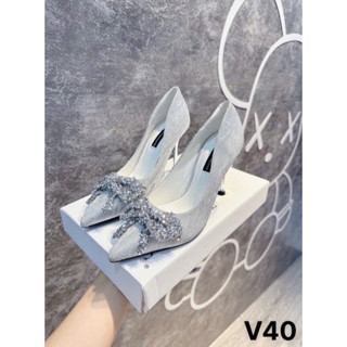  Giày cao gót nơ bạc KÍN gót nhọn 9cm 