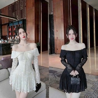 Đầm ren hoa 3 lớp dáng xòe trễ vai có mút xinh y hình
