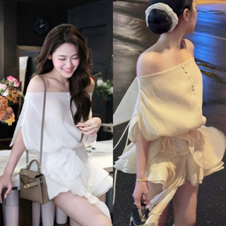 ( Hàng L1 + Ảnh Thật ) Set Đầm Áo Trễ Vai Voan Tơ Hở Lưng Phối Chân Váy Tầng Đính Hoa Tua Rua Sang Chảnh