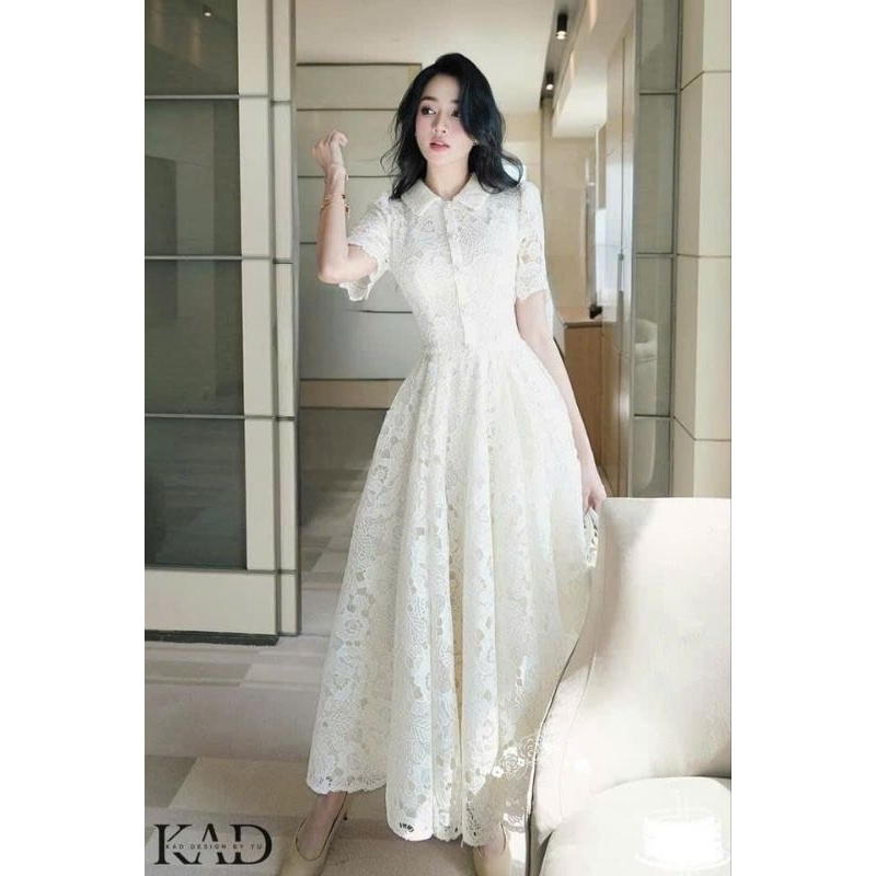 Đầm xòe sơ mi ren dáng dài cao cấp