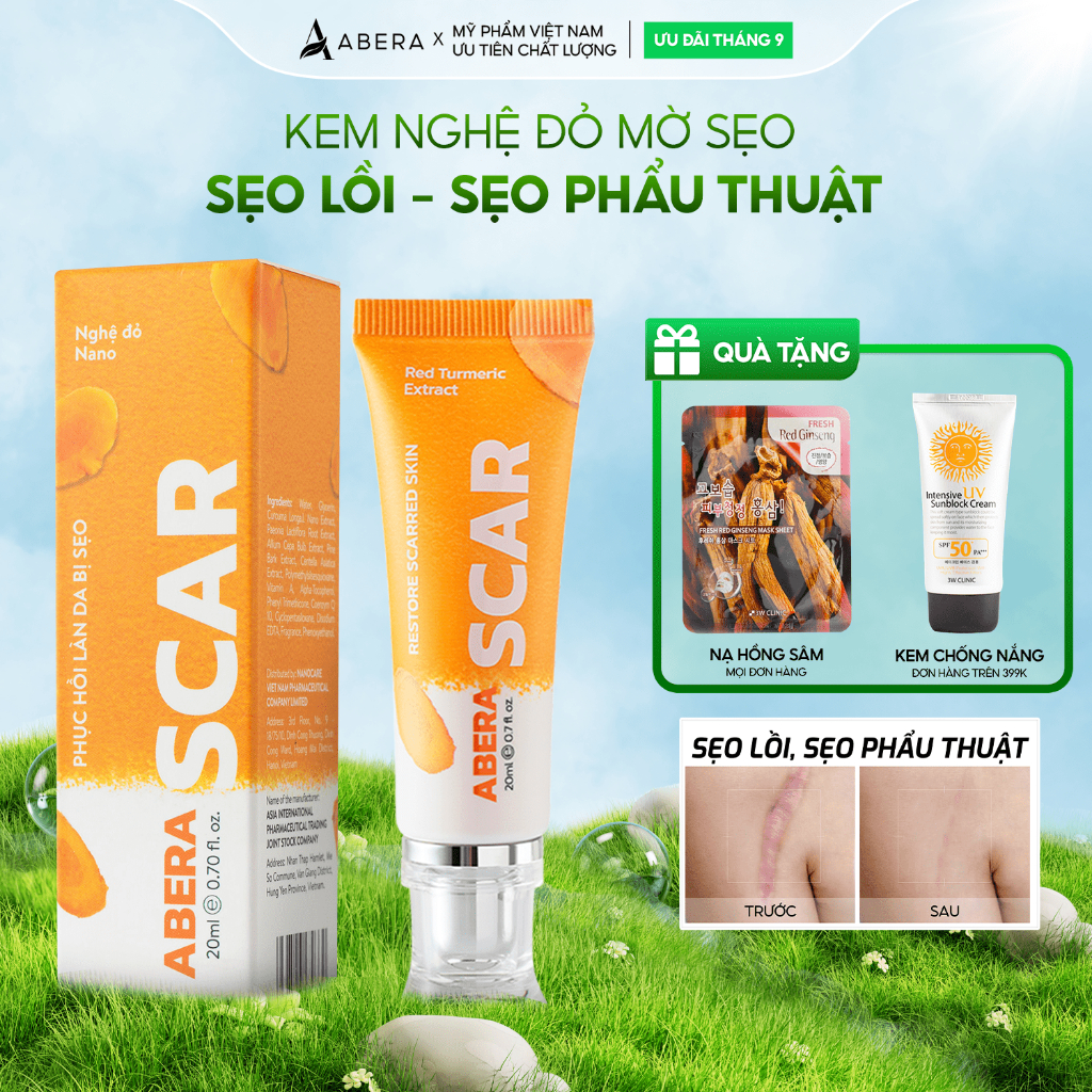 Kem Nghệ Đỏ Abera Scar 20g Liền Sẹo - Hỗ Trợ Làm Mờ Sẹo, Giảm Sẹo Lồi, Sẹo Rỗ, Sẹo Thâm,Sẹo Tai Nạn Do ĐHBK HÀ NỘI NC