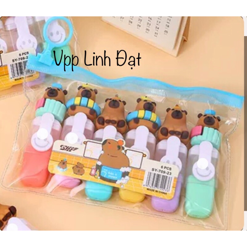 Vỉ 6bút nhớ dòng mini, bút dạ quang mini tặng túi zip, bút nhớ dòng Capybara, bút nhớ Capybara Labub