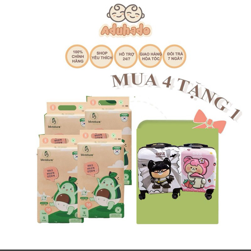 (TẶNG VALI)Combo 4 bịch Tã bỉm BB Nature dành cho bé đủ size NB/Dán S,M/ Quần M/L/XL/XXL/3XL/4XL