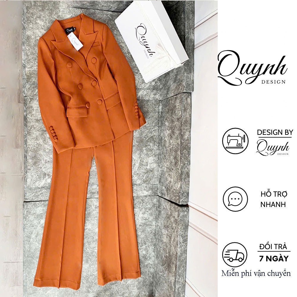 Set vest nữ blazer công sở QUYNH DESIGN cao cấp thiết kế áo chiết eo dài tay quần ống loe màu cam