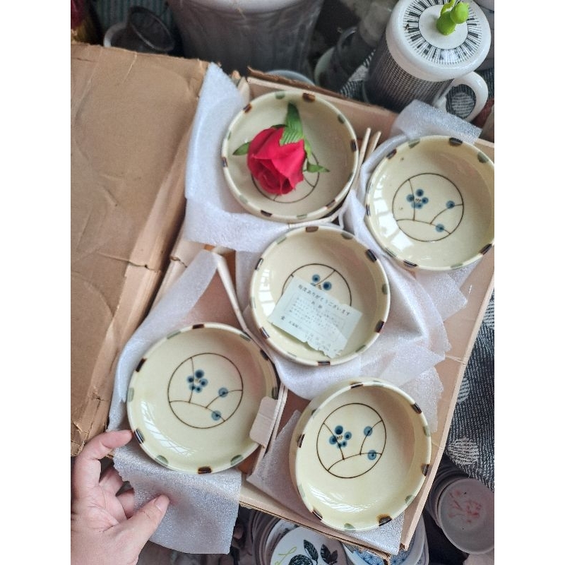 set 5 Chén chẹt trụ 13cm vẽ hoa đà.o truyền thống Okayama Gốm sứ nhật fullbox