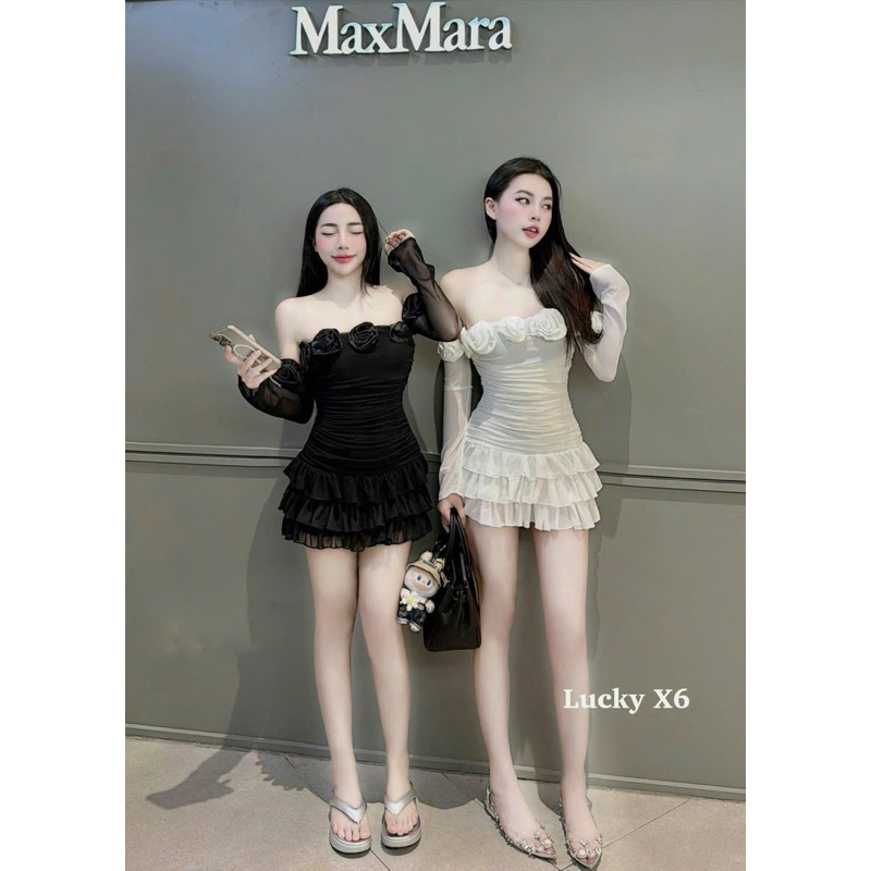 ĐẦM BỆT VAI ĐÍNH HOA LAZER TAY DÀI ÔM BODY THUN LƯỚI