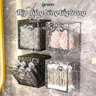 Hộp đựng bông tẩy trang, bông ngoáy tai vân kim cương trong suốt Greenhome kèm miếng dán tiện lợi