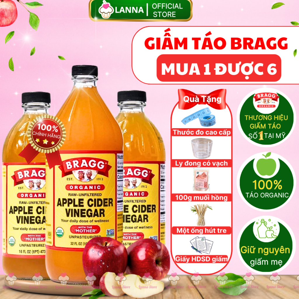 【HÀNG CHUẨN MỸ + QUÀ】Giấm Táo Hữu Cơ Bragg ORGANIC APPLE CIDER VINEGAR Có Dấm Cái -Giảm Cân Ăn Kiêng