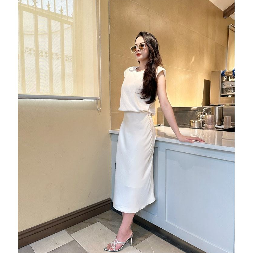 Đầm dự tiệc kem phối thun lụa