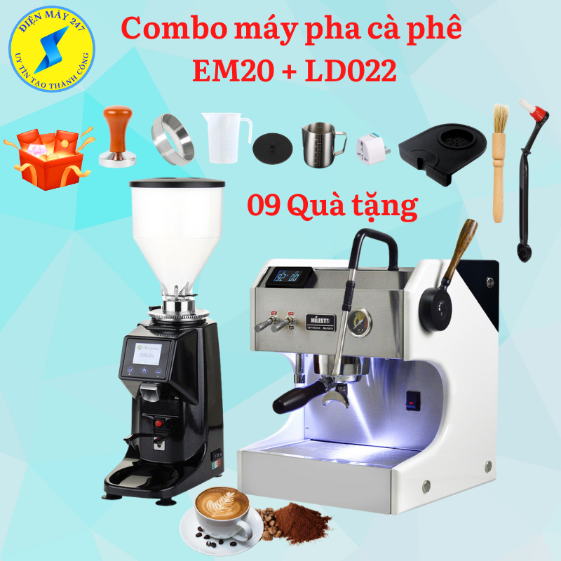 COMBO Máy pha cà phê Milesto EM20 và máy xay cà phê LD022 - định lượng khi xay - bảo hành 12 tháng
