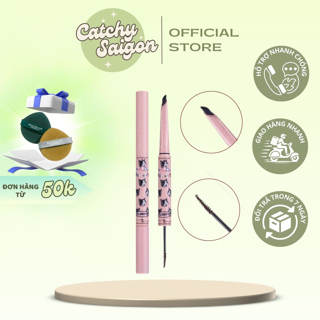 [FLORTTE ] Chì Kẻ Mày 2 Đầu Kết Hợp Mascara Chân Mày FLORTTE Mèo Con
