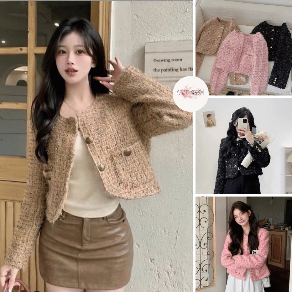 Áo khoác nữ  dạ Tweed dáng ngắn cố tròn 2 lớp, vải dạ dày dặn sang chảnh , Áo khoác dạ tweed dáng ng