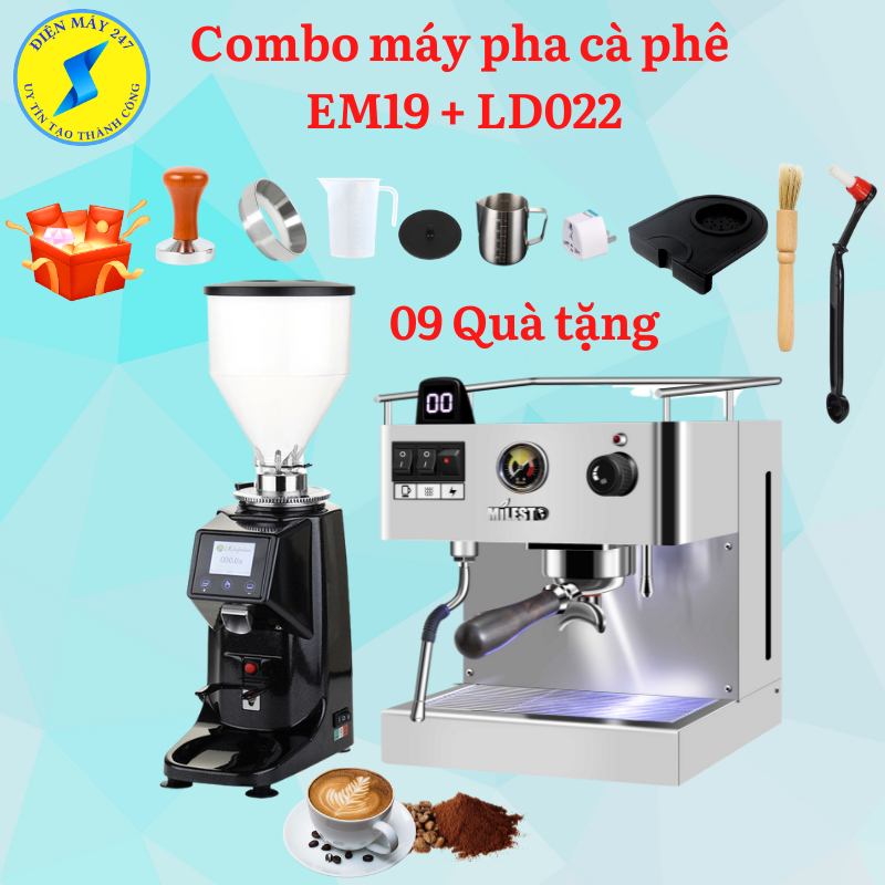 COMBO Máy pha cà phê Milesto EM19 và máy xay cà phê LD022 chuẩn Espresso, máy xay có định lượng, mới