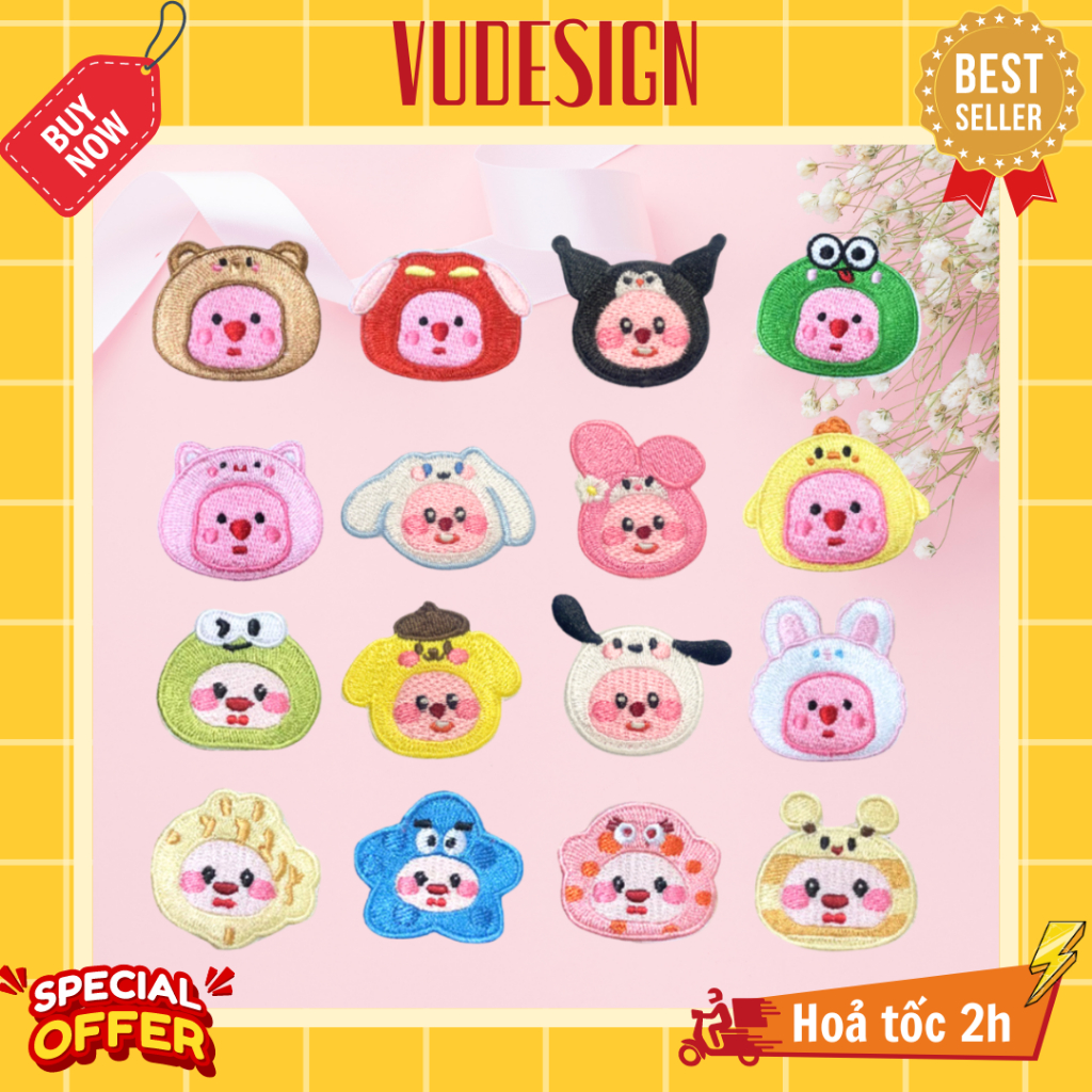 Sticker Vải, Ủi Thêu Quần Áo, Balo, Túi, Mũ, Balo Hải Ly Hồng Loopy Pororo Cute Vudesign