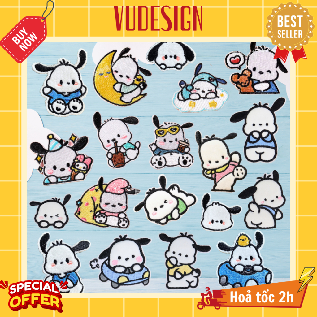 Sticker Vải, Sticker Ủi Thêu Quần Áo, Balo, Túi, Mũ Sanrio Chú Chó Pochacco Dễ Thương Vudesign