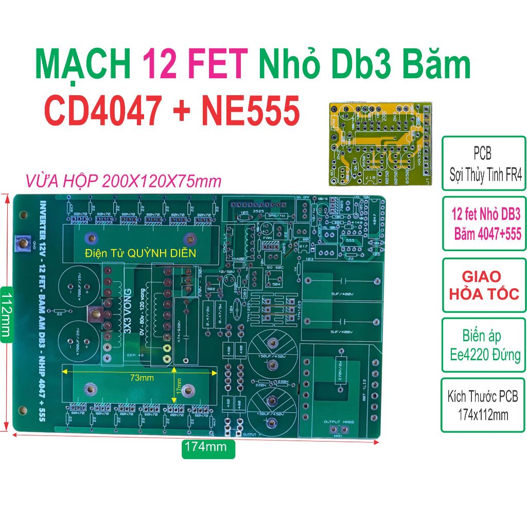PCB 12 fet Cách li bo mạch k.ích đ.iện băm DB3 trộ 4047 + 555 Phíp FR4 - linh kiện điện tử QUỲNH DIỄ