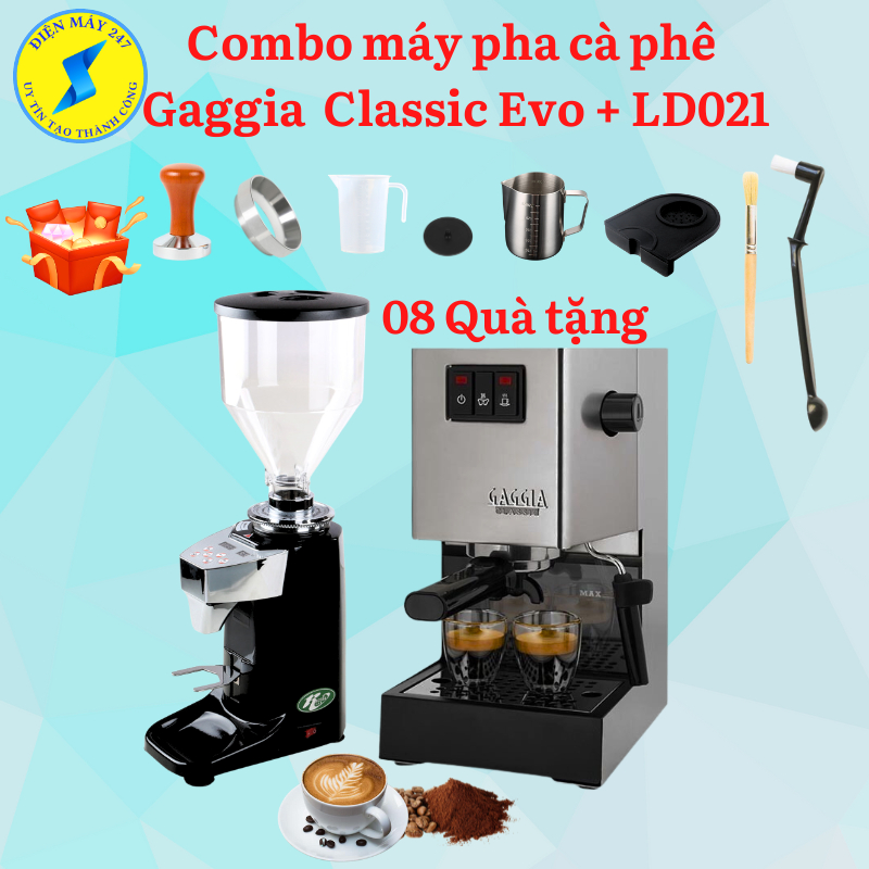 COMBO Máy pha cà phê Gaggia Classic Evo và máy xay cà phê LD021 - Máy xay định lượng - Chuẩn vị Espr