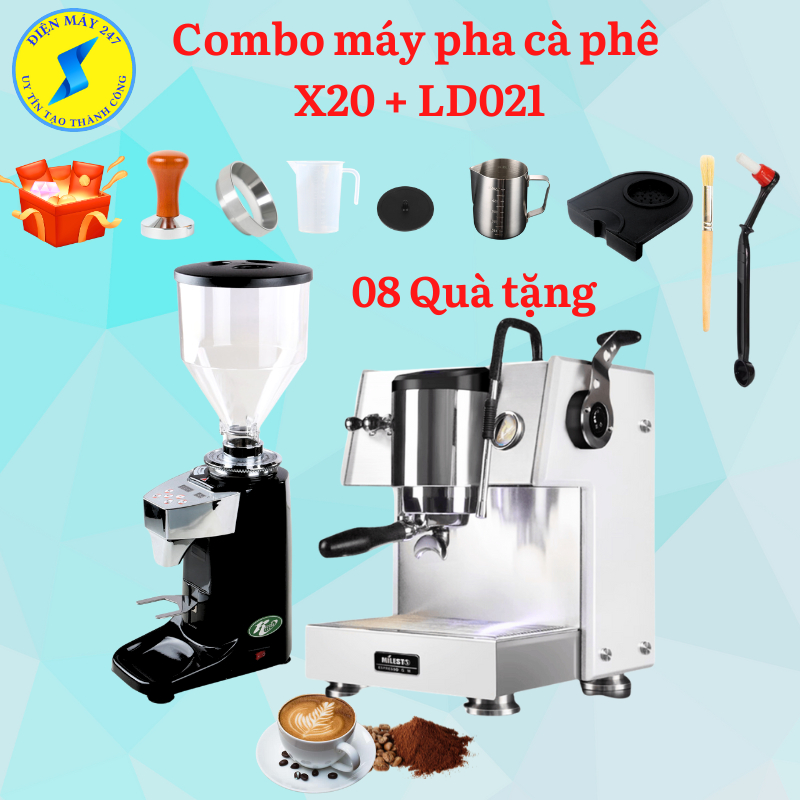 COMBO Máy pha cà phê Milesto X20 và máy xay cà phê định lượng LD021 - Mới 100%