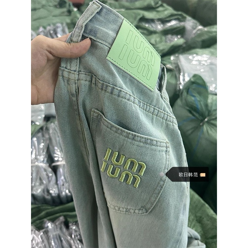 【Sẵn L 】Quần bò nữ ống suông xanh thêu chữ, Quần jeans nữ xanh năng động cá tính siêu thoải mái