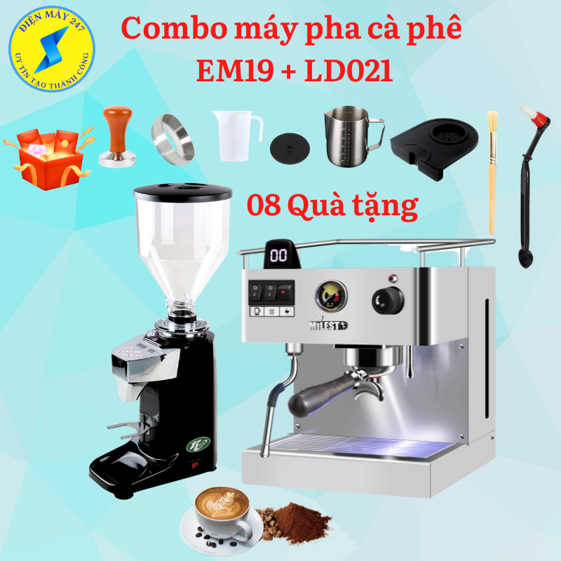 COMBO Máy pha cà phê Milesto EM19 và máy xay cà phê LD021 - Chuẩn vị Espresso - Mới 100%