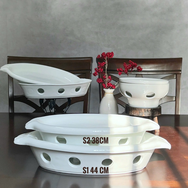 Bộ bát đĩa hâm nóng thức ăn hình bầu dục Sz 38cm-44cm tròn 24cm-21cm -19cm, thố hấp cá đun cồn