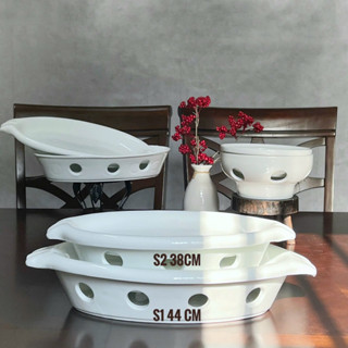 Bộ bát đĩa hâm nóng thức ăn hình bầu dục Sz 38cm-44cm tròn 24cm-21cm -19cm, thố hấp cá đun cồn