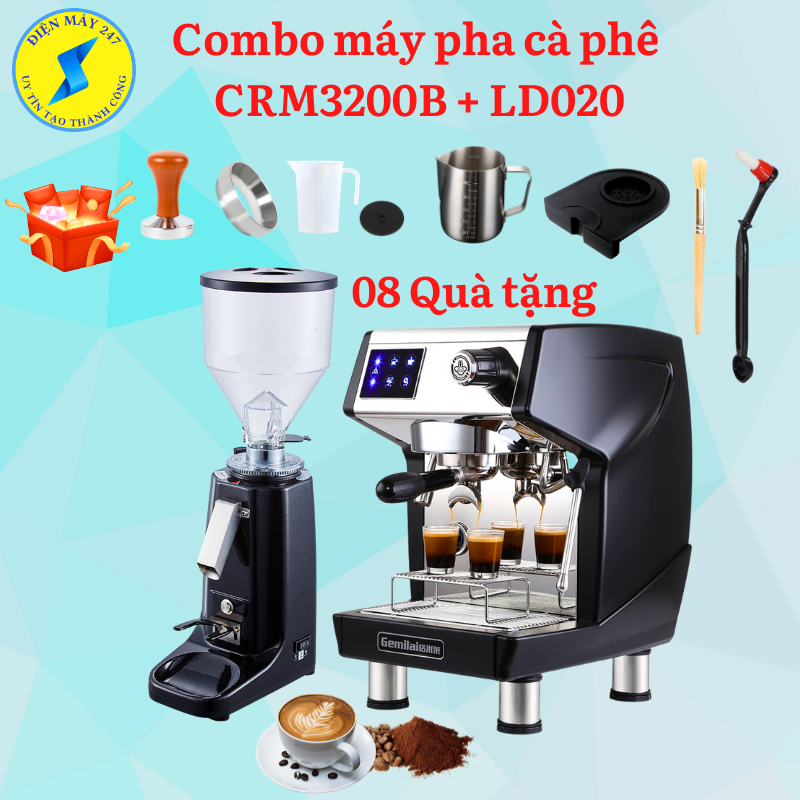 COMBO Máy pha cà phê Gemilai CRM3200B và máy xay cà phê LD 020 - Dùng cho quán - Chuẩn vị Espresso - Mới 100%