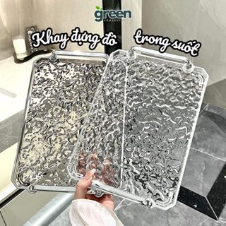 Khay đựng đồ trong suốt nhựa Acrylic cứng cáp, Khay úp ly cốc có tây cầm mạ bạc decor siêu đẹp