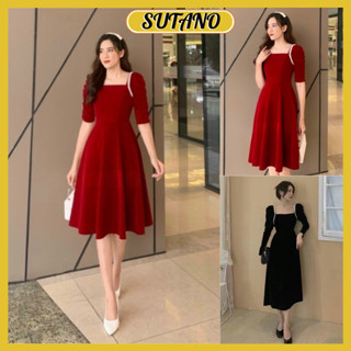 [XẢ LỖ] Váy nhung nữ đầm thiết kế dáng dài cổ vuông tay lỡ phối cúc ngọc sang chảnh dự tiệc mặc tết xinh đẹp V3 SUTANO