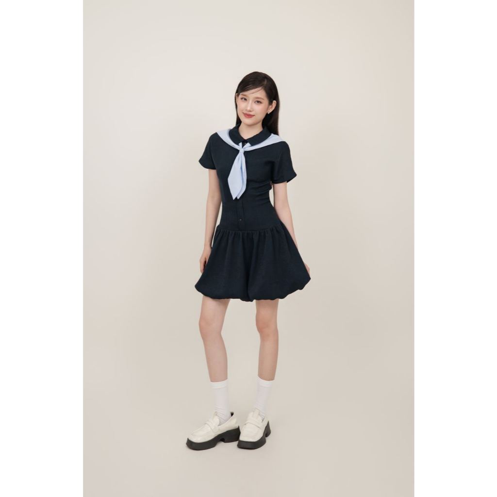 Đầm xòe cổ sơ mi tay ngắn kèm khăn choàng THE C.I.U, váy liền dáng xòe kaki nhung phối cà vạt - Wrenna Dress | BigBuy360 - bigbuy360.vn