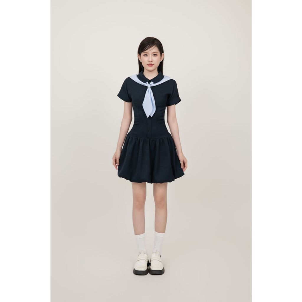 Đầm xòe cổ sơ mi tay ngắn kèm khăn choàng THE C.I.U, váy liền dáng xòe kaki nhung phối cà vạt - Wrenna Dress | BigBuy360 - bigbuy360.vn