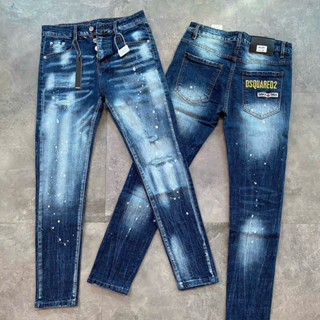 Quần jean nam D2 xanh bạc mài rách vảy sơn thêu chữ túi sau 4 cúc boy phố QJ639P