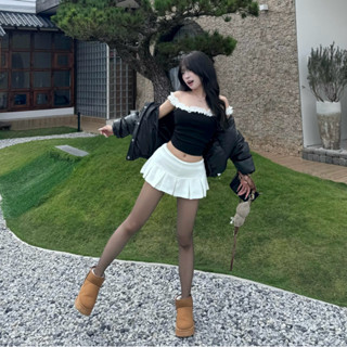 [  DALAT AUTUMN ] Set áo trễ vai phối ren & chân váy nỉ xếp ly douyin cạp trễ [ KHÔNG KÈM PHỤ KIỆM , VÁY RẤT NGẮN ]