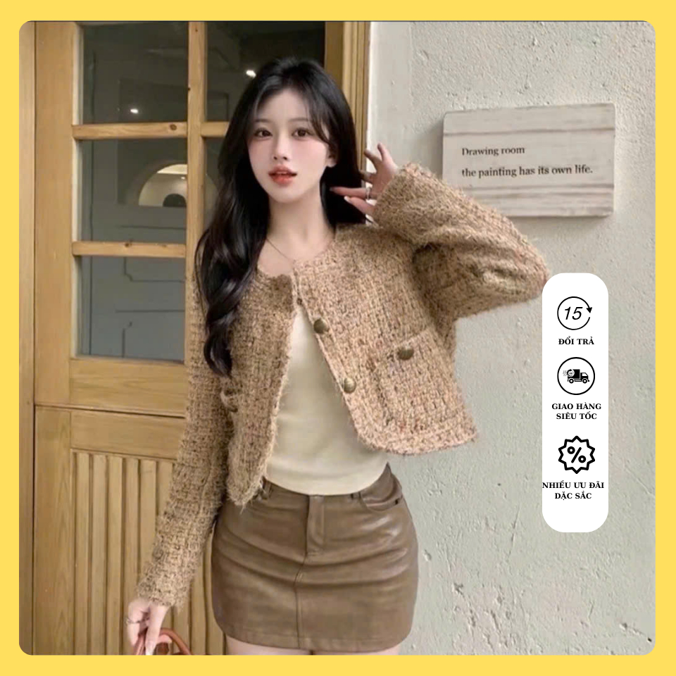 Áo  khoác  dạ Tweed dáng ngấn dài tay , áo khoac nữ dạ dài tay dáng ngắn cổ tròn